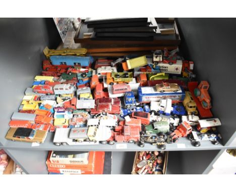 A shelf of playworn Die-casts including Dinky, Corgi, Matchbox etc