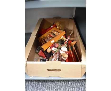 A box of mixed vintage Toys including View-Masters with Slides, wooden Abacus and miniature Rocking Horse, Playing Cards etc