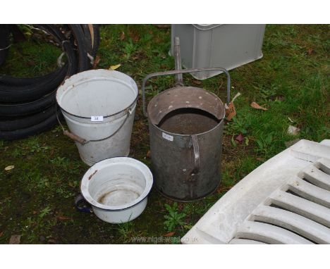 1967 military galvanised three gallon watering can, enamel pail and chamber pot.