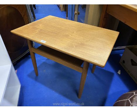 A teak finish occasional table with lower shelf.