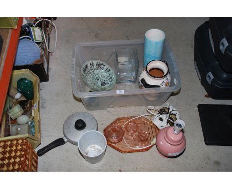 A box of various vases, lamp, etc.