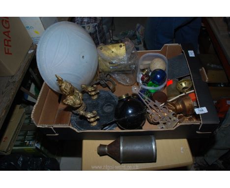 A tin flask, lamp parts, clock parts etc.