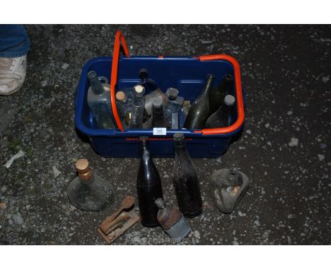 A quantity of collectable bottles, hip flask and letter head embosser.