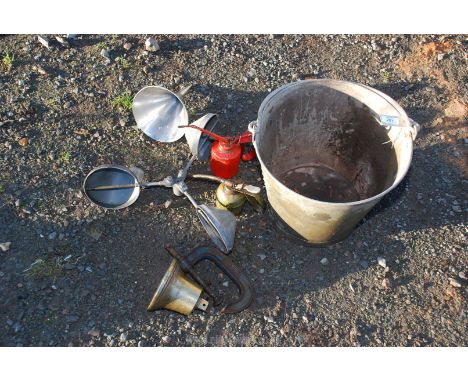 An anemometer top, one galvanised pail and oil cans, brass bell (no clapper).