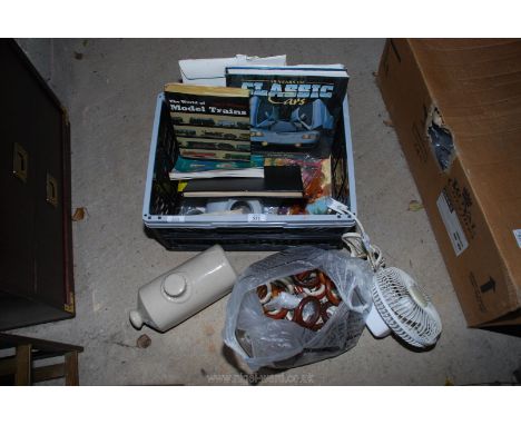 A book on model trains, curtain rings, stoneware hot water bottle.