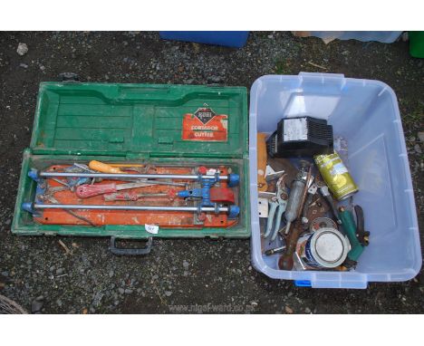 Boxed tile cutter, hand tools, grease gun etc.
