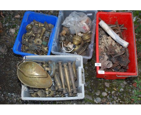 A box of door furniture plus 3 boxes of various brass and lamp parts.