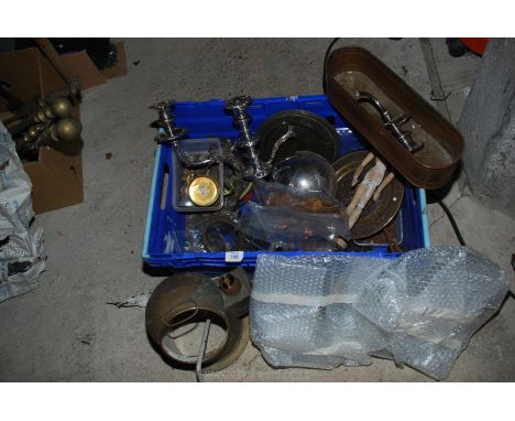 A box of pewter plates, copper ware, brass lamp and Wimshurst discs.