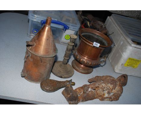 Copper powder flask, copper jardiniere, doorstop, etc. (5 items)