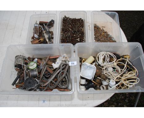 Five boxes of plumbing fittings, nuts &amp; bolts, lamp parts, etc.