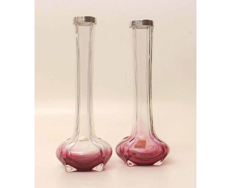 A pair of shaded ruby two clear glass specimen vases with silver collar.  20 cm (8") high. Condition report: see terms and co