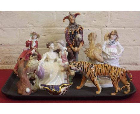 Royal Doulton Jester, Top O' The Hill Coalport Childhood Days and The Proposal, also a Beswick Tiger, two Crown Staffordshire