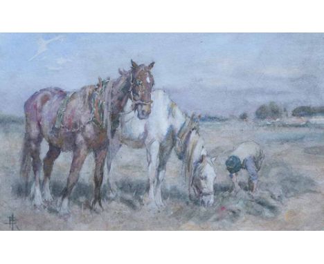 Nathaniel Hughes John Baird R.O.I. (1865-1936),  Rural scene with figure and two horses, monogrammed, watercolour, 19.5 x 33.