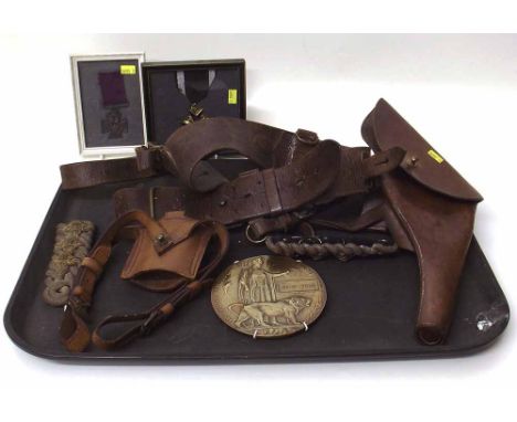 Officer's Sam Brown holster and belt, also a WW1 death plaque, also a pair of Epaulettes and two framed medals. Condition rep