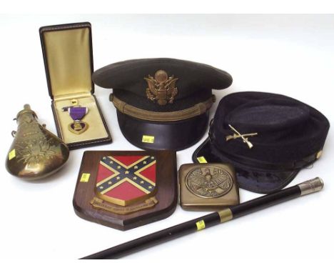 American military interest to include a cased purple heart, officers cap, swagger stick, also a reproduction civil war cap, p