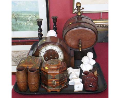 Collection of items including spirit barrel with skull and cross bones stopper, mantel clock, candlesticks, busts of composer