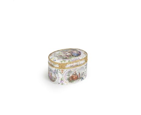 A Meissen gold-mounted oval snuff box, circa 1765Moulded with polychrome scrollwork cartouches, shells and trailing flowers e
