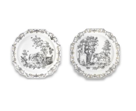 A pair of Du Paquier chargers from the Liechtenstein hunting service, circa 1735Each painted by Jakob Helchis in Schwarzlot, 