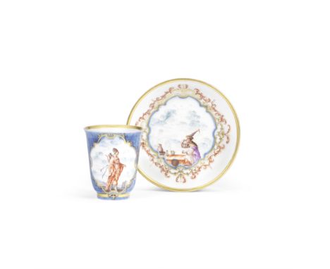 A very rare Meissen underglaze-blue-ground beaker and saucer, circa 1722-23Each side reserved with a figural scene depicting 