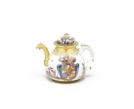 A Meissen armorial teapot and cover from the service for Christian VI of Denmark, circa 1730-35Each side painted with the roy