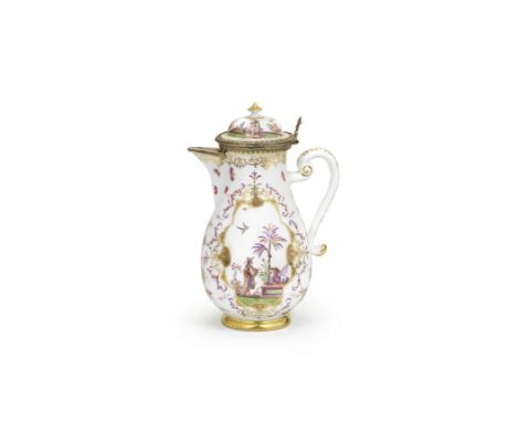 A Meissen silver-gilt-mounted coffee pot and cover, circa 1725The pear-shaped body with a scroll handle, each side finely pai