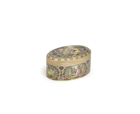 A Vienna blue-ground gold-mounted oval snuff box, circa 1770-75With oval panels painted with scenes depicting children in pas