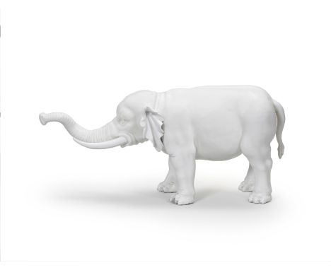 An extremely rare Vienna model of an elephant, circa 1750In the white, naturalistically modelled standing with outstretched t