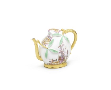 A very rare Meissen wine pot, circa 1725In the form of a peach with a gilt branch handle and spout, the tops with smaller bra