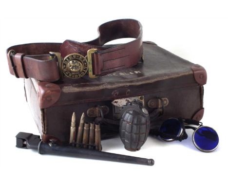 Collection of militaria, to include a British Army leather belt and buckle, Mill's Number 5 hand grenade body by Hawkes Birmi