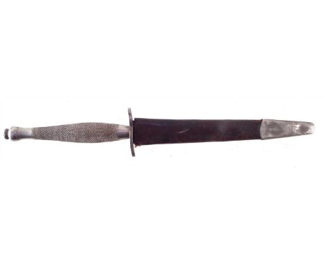 Fairbairn Sykes first pattern knife, by Wilkinson, with leather and scabbard, 31cm long