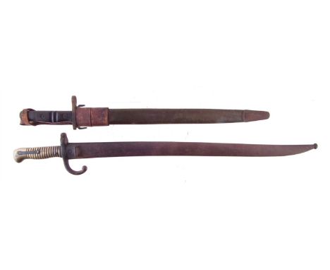 M.1866 Chassepot bayonet and scabbard, also a P17 Bayonet and scabbard and frog dated 1913 and also 8 17, stamped Remington w