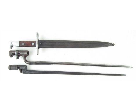 Swiss M1918 bayonet and scabbard, together with a Martini Henry socket bayonet stamped 77, and a Mosin Nagant M91 bayonet, th