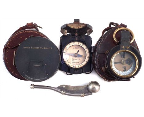 F. Barker and Son leather cased compass, the case inscribed Wo OKE 11 1/2, 1930 M&amp;G, also a Service Pattern Clinometer in