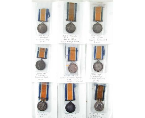 Nine WWI British War Medal 1914-1918, for A.J. Atthews 147305 Royal Artillery, R Battigan 12456 North Staffordshire Regiment,