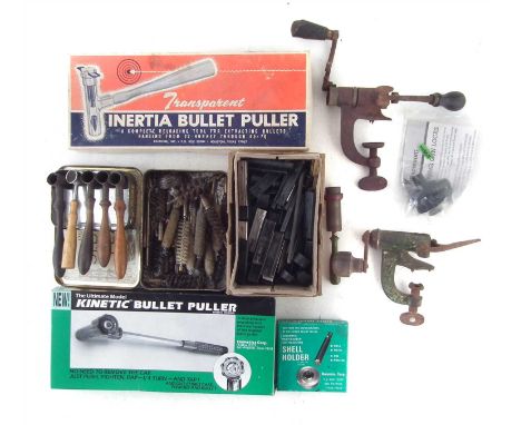 Collection of shooting and reloading accessories, to include two shotgun reloading tools, various rifle clips, powder measure