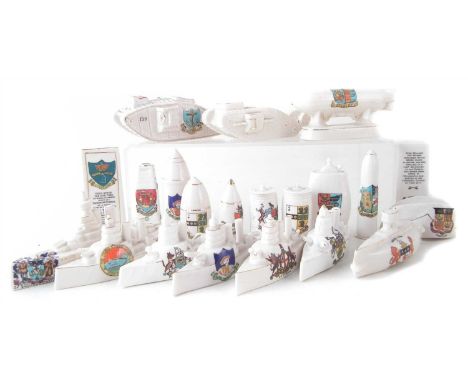 Twenty one pieces of military crested china, three by Goss, the rest by Arcadian and other makers, including two tanks, a Zep