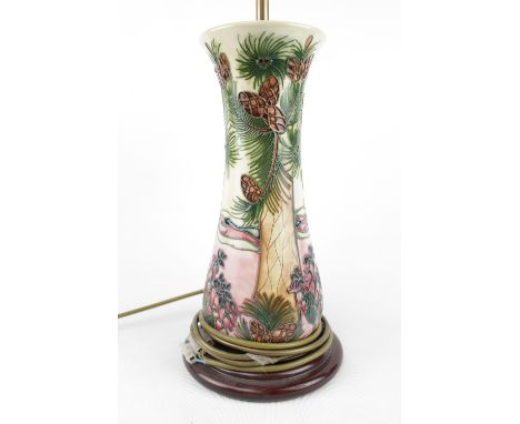 Large Moorcroft table lamp with shade, of Pine Forrest design and wooden base. 68cm in Height 