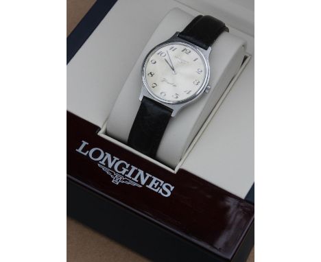 Vintage Longines Flagship stainless steel cased manual wind wristwatch, with Arabic numerals. The case numbered 16 / 976725. 