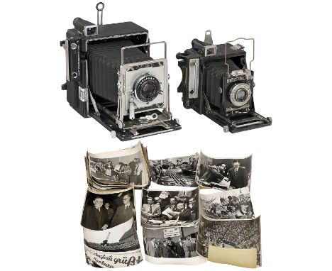 2 "schnelle" amerikanische Pressekameras und Original-Pressebilder dieser Zeit1) Graflex, USA. Speed Graphic 2 ¼ x 3 1/4 in.,