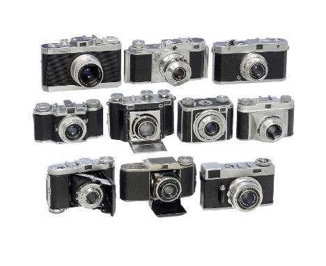 10 deutsche Kameras kleiner Hersteller, um 1938–55Alle Kameras für 135er-Film. 1) Gebr. Wenk, Nürnberg. Wenka II Nr. 5518, um