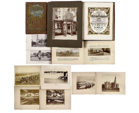 Photographien und Alben aus den USA, ab 18761) Luxus-Album, rotes Leder mit Golddekor und Emblem, 25 x 31 cm, Innenseiten mit