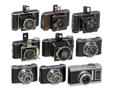 9 deutsche Kameras für 127er-RollfilmAlle Verschlüsse laufen, lange Verschlußzeiten ungeprüft. – 1–3) Ising, Bad Neustadt. Pu