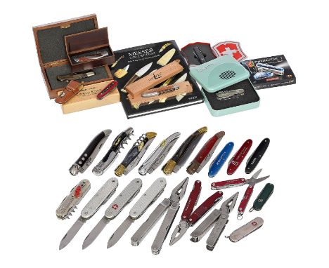 Messer-Konvolut: Laguiole, Victorinox, Herbertz und Leatherman1) 7 Laguiole-Messer, eins davon in einer Holz-Präsen­tationssc