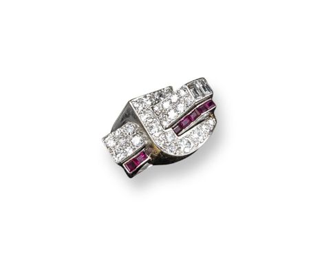A diamond and ruby-set Odeonesque ring, C1940, set with round brilliant-cut diamonds and baguette-shaped diamonds and rubies 