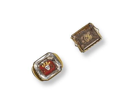 A late 17th century Stuart crystal momento mori slide, the faceted rock crystal covering a white enamel skull beneath a Ducal
