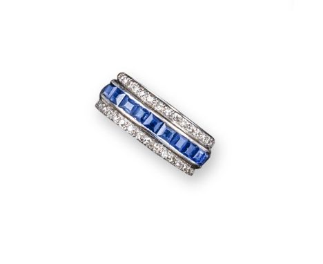 A sapphire and diamond full circle eternity ring, centred with square-shaped sapphires set within borders of circular-cut dia