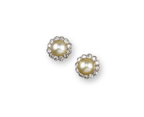 A pair of untested pearl and diamond cluster earrings, the pearls are each set within a surround of circular-cut diamonds in 