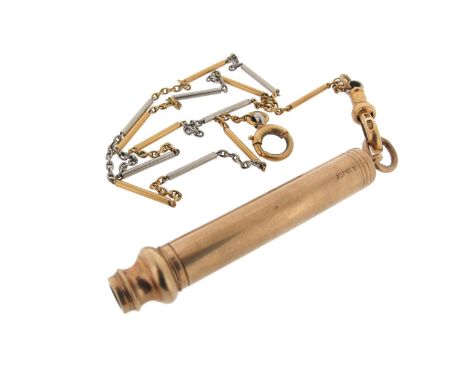 A 9ct gold propelling pencil, maker's mark EB, Birmingham marks for 1928. 9.5cm extended. On a yellow and white gold fancy-li