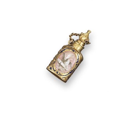 A small gold 19th Century scent flask, painted with enamel doves to both sides and further blue enamel decoration, the stoppe