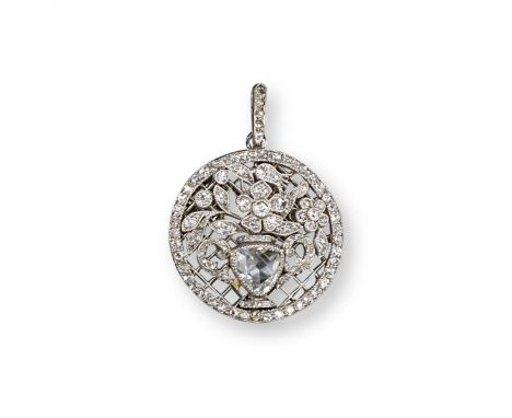 An early 20th century diamond-set giardinetto pendant, the urn set with a larger triangular-shaped rose-cut diamond, millegra